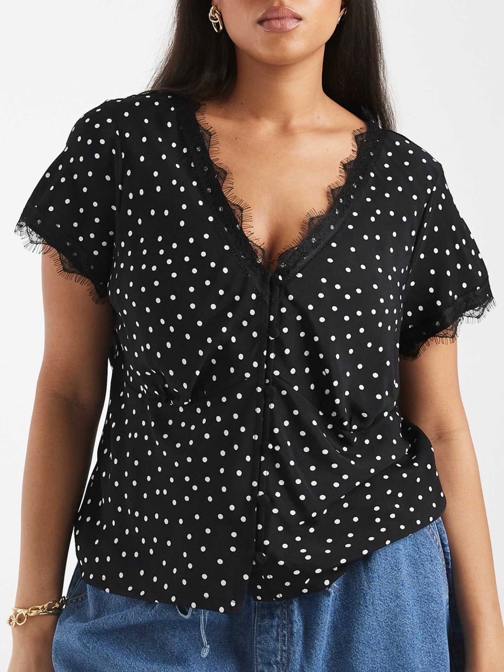 ASOS Black Polka Dot Lace-Trim V-Neck Blouse